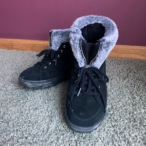 Skechers Black Suede Faux Fur Women's Shoes